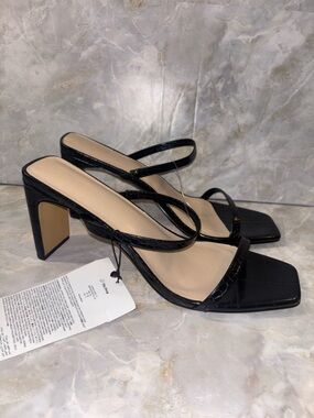 The Drop Black Croc-Embossed Square-Toe Strappy Heels - Women's